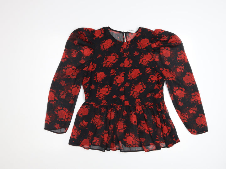 Zara Women Black Red Floral Tunic Blouse Size S Puff Sleeve