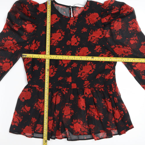 Zara Women Black Red Floral Tunic Blouse Size S Puff Sleeve