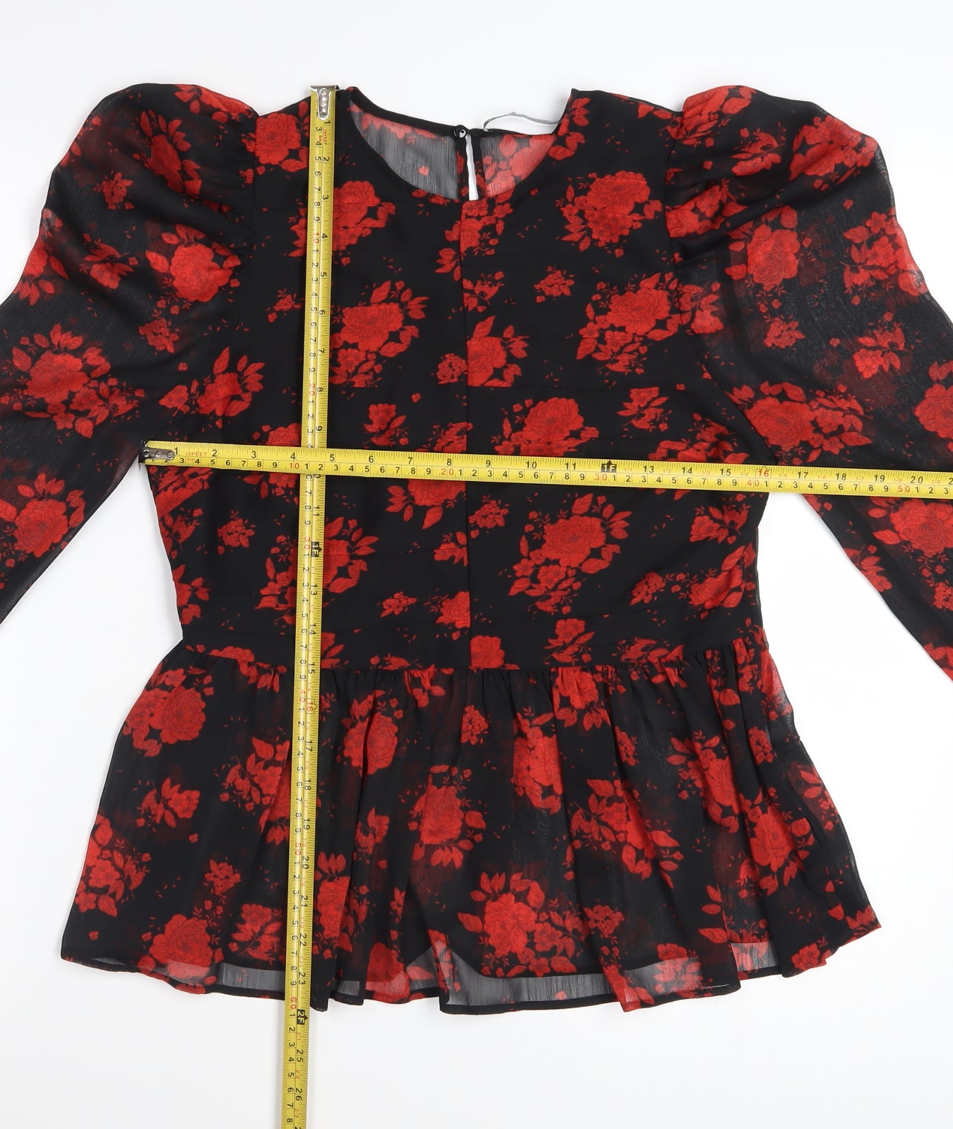 Zara Women Black Red Floral Tunic Blouse Size S Puff Sleeve