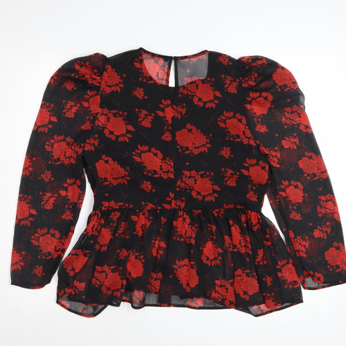 Zara Women Black Red Floral Tunic Blouse Size S Puff Sleeve
