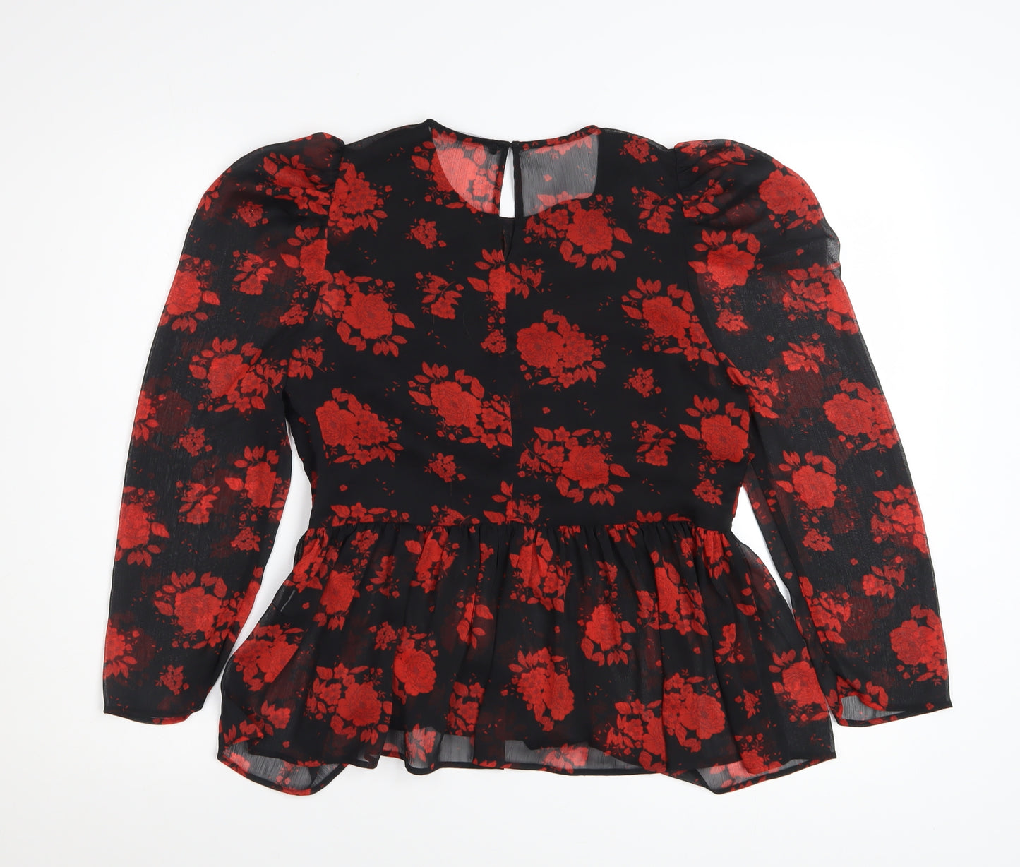 Zara Women Black Red Floral Tunic Blouse Size S Puff Sleeve