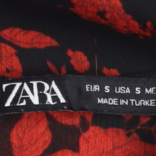 Zara Women Black Red Floral Tunic Blouse Size S Puff Sleeve