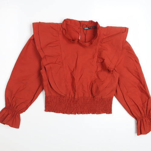 Zara Womens Red Cropped Ruffle Blouse Size S Long Sleeve Cotton