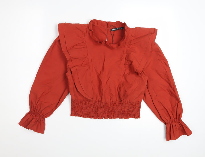 Zara Womens Red Cropped Ruffle Blouse Size S Long Sleeve Cotton