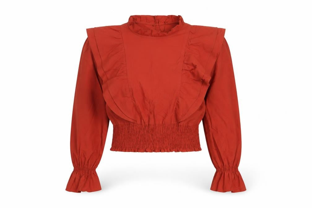 Front view of Zara women’s red cropped ruffle blouse, size S, long sleeve cotton