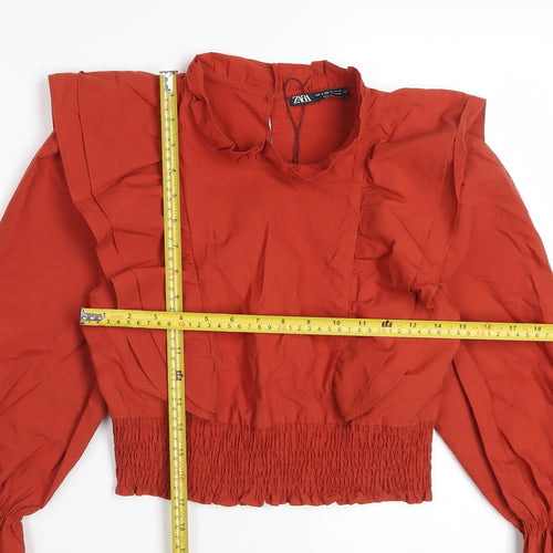 Zara Womens Red Cropped Ruffle Blouse Size S Long Sleeve Cotton