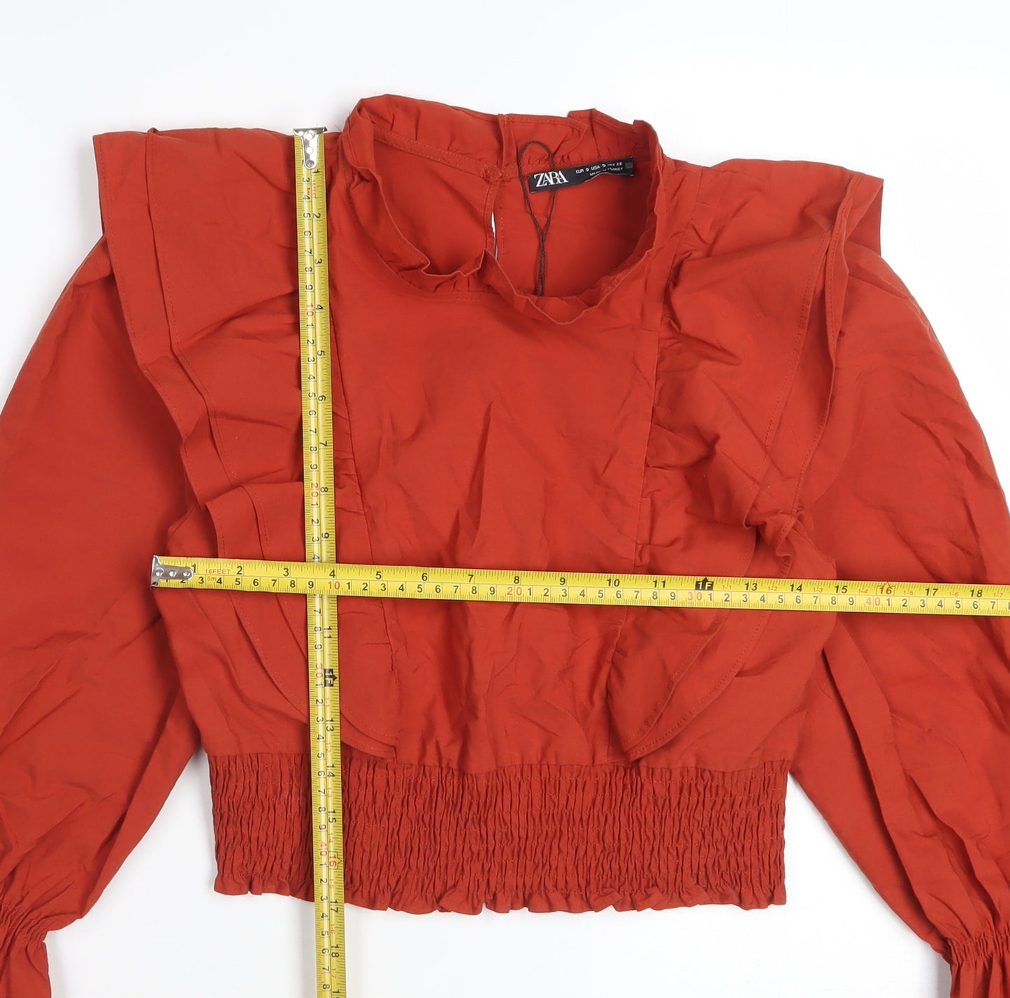 Zara Womens Red Cropped Ruffle Blouse Size S Long Sleeve Cotton