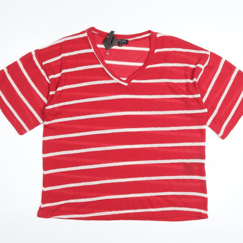 JD Williams Women's Red Striped V-Neck Short Sleeve T-Shirt Size 8