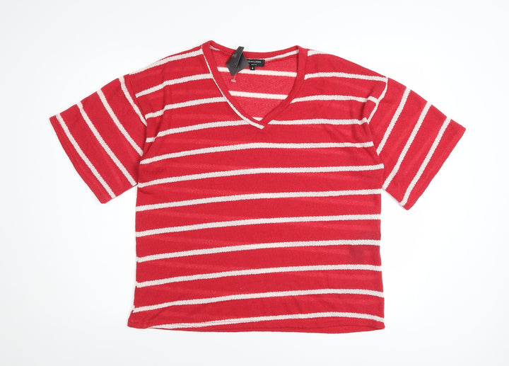 JD Williams Women's Red Striped V-Neck Short Sleeve T-Shirt Size 8