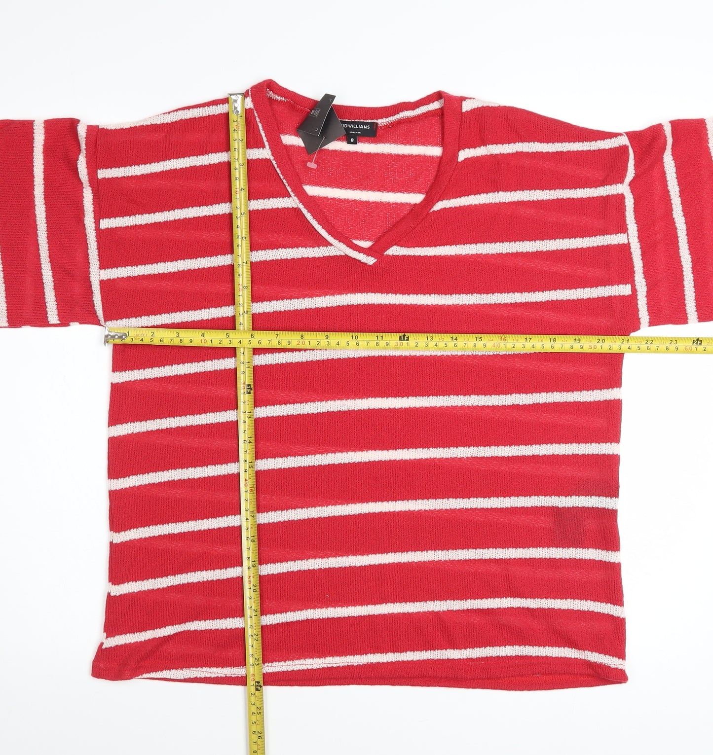 JD Williams Women's Red Striped V-Neck Short Sleeve T-Shirt Size 8