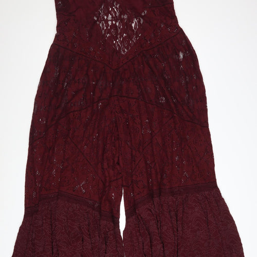 Free People Women's Red Lace Flared Jumpsuit Size M Boho Festival Style