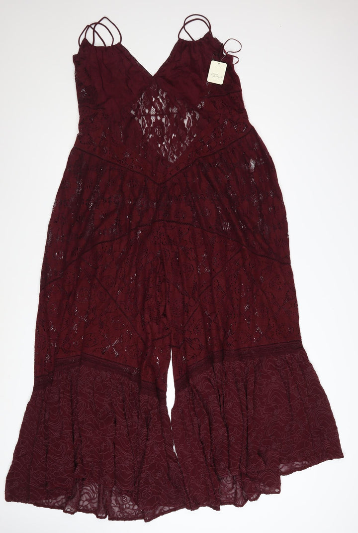 Free People Women's Red Lace Flared Jumpsuit Size M Boho Festival Style