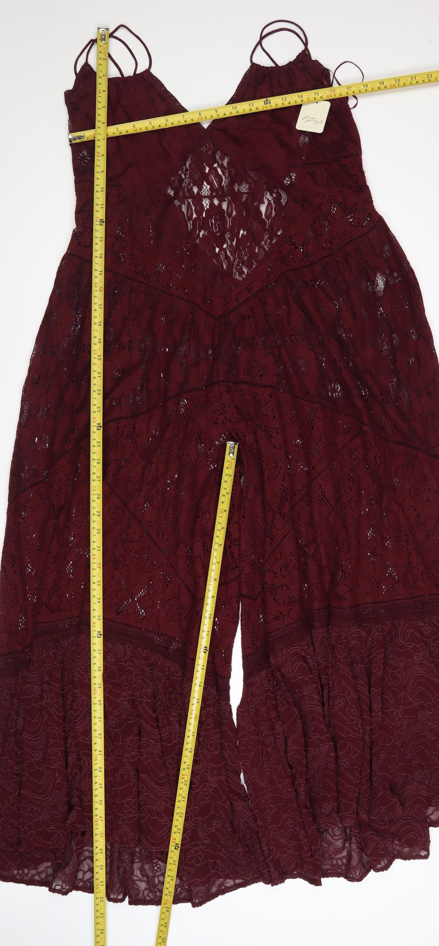 Free People Women's Red Lace Flared Jumpsuit Size M Boho Festival Style