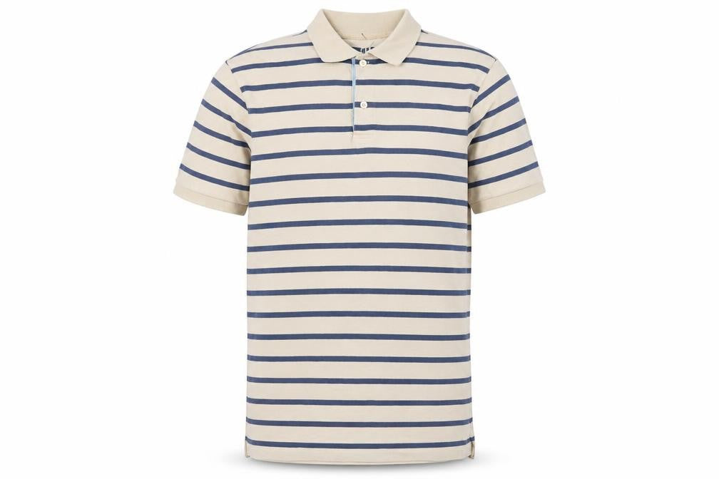 Front view of Gap Men’s Beige Striped Stretch Cotton Polo Shirt, size M