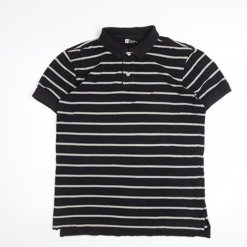 GAP Men's Black Striped Classic Fit Short Sleeve Cotton Polo M