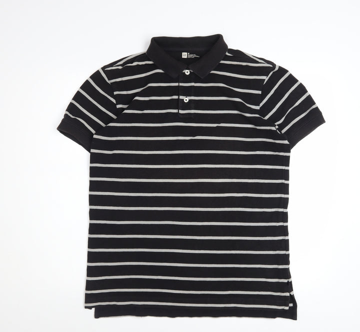 GAP Men's Black Striped Classic Fit Short Sleeve Cotton Polo M