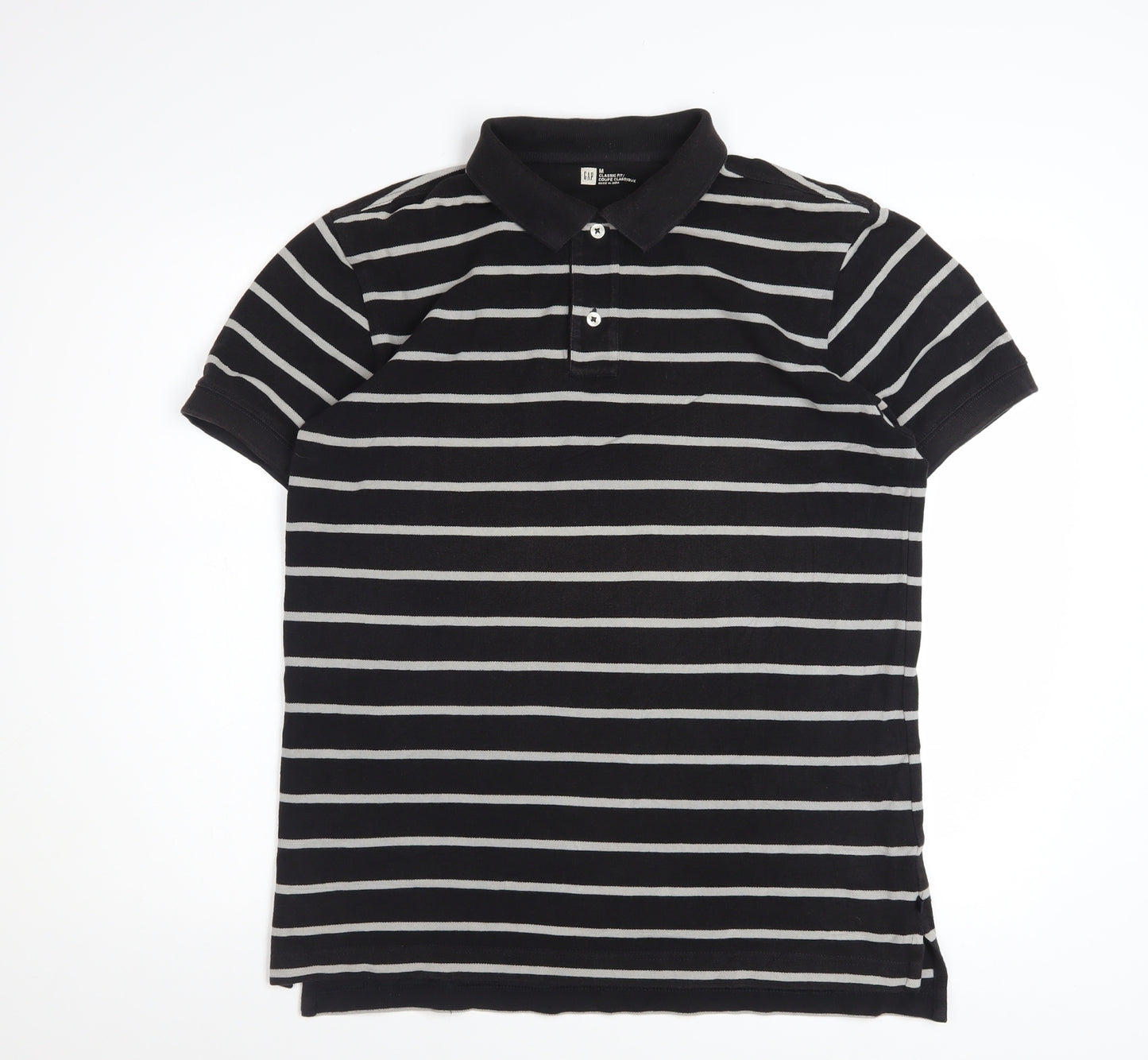 GAP Men's Black Striped Classic Fit Short Sleeve Cotton Polo M