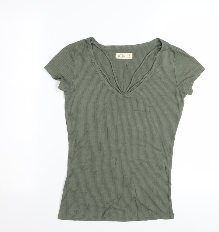 Hollister Women’s Green Ribbed V-Neck Short Sleeve T-Shirt Size S