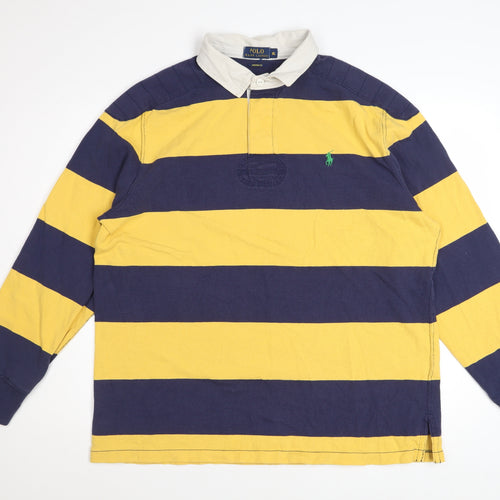 Ralph Lauren Men Yellow Blue Striped Long Sleeve Polo XL Cotton Custom Fit