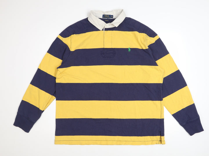 Ralph Lauren Men Yellow Blue Striped Long Sleeve Polo XL Cotton Custom Fit