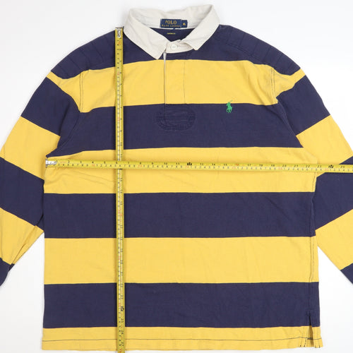 Ralph Lauren Men Yellow Blue Striped Long Sleeve Polo XL Cotton Custom Fit