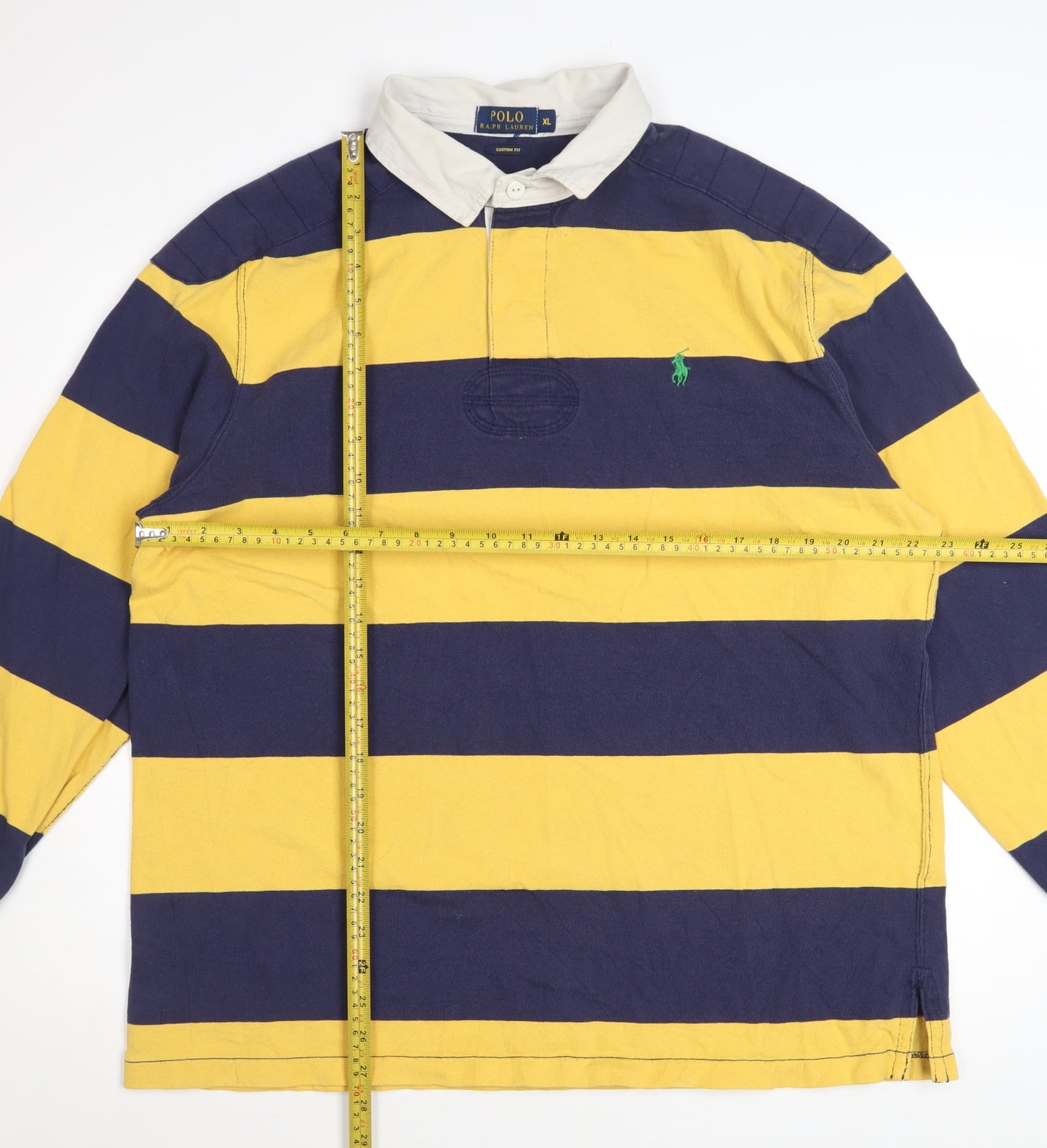 Ralph Lauren Men Yellow Blue Striped Long Sleeve Polo XL Cotton Custom Fit