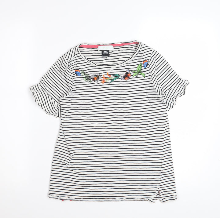 Oasis Women’s White Striped Embroidered T-Shirt XS