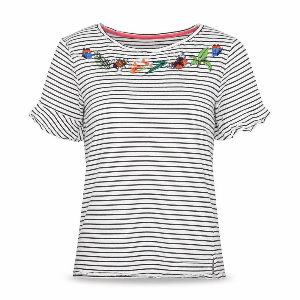 Oasis Women’s White Striped Embroidered T-Shirt XS