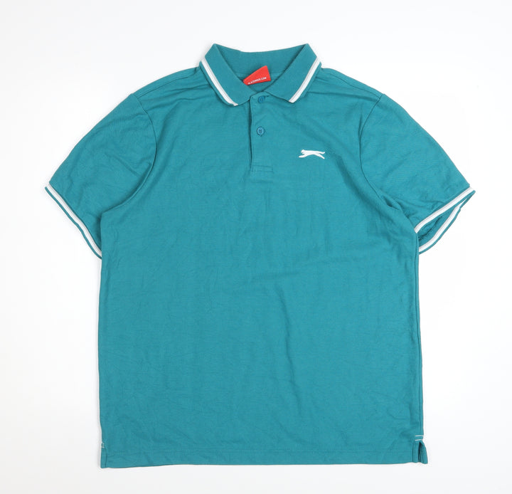 Slazenger Men's Teal Short Sleeve Polo Shirt Size L Polyester Cotton Blend