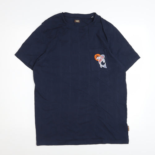 Common People Men's Blue Embroidered Fish Pocket Cotton T-Shirt M