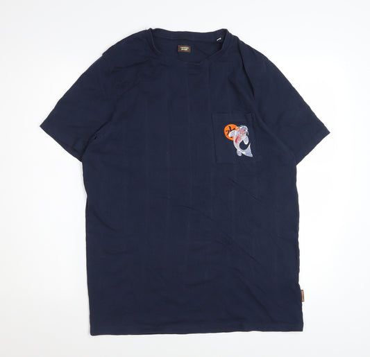 Common People Men's Blue Embroidered Fish Pocket Cotton T-Shirt M