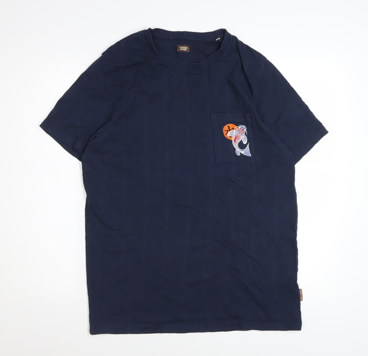 Common People Men's Blue Embroidered Fish Pocket Cotton T-Shirt M
