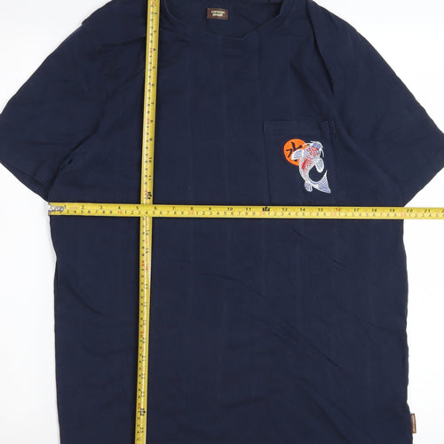 Common People Men's Blue Embroidered Fish Pocket Cotton T-Shirt M