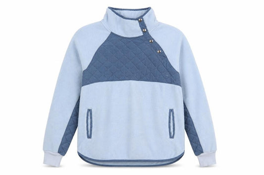 Front view of Abercrombie & Fitch Women Blue Quilted Fleece Pullover Sweatshirt L
