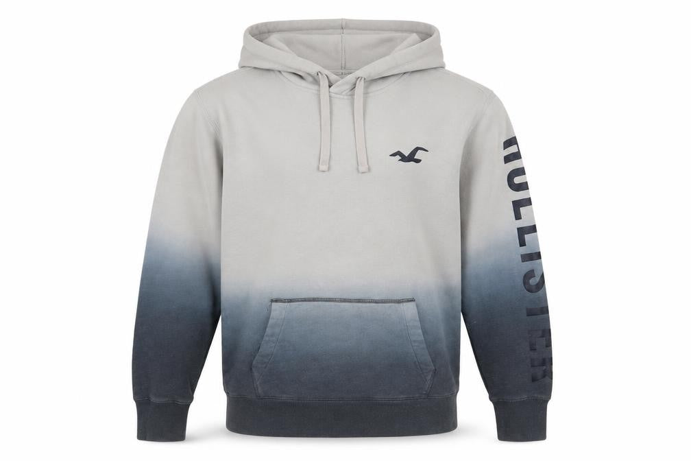 Front view of Hollister Men’s Grey Pullover Hoodie M Ombre Logo Sweatshirt
