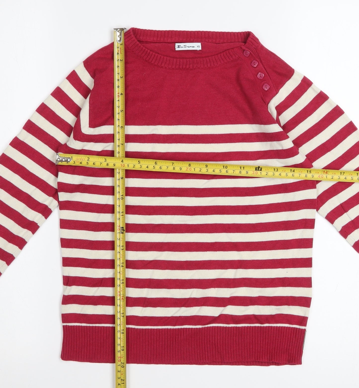 Ben Sherman Women's Red Striped Crew Neck Pullover Jumper XS