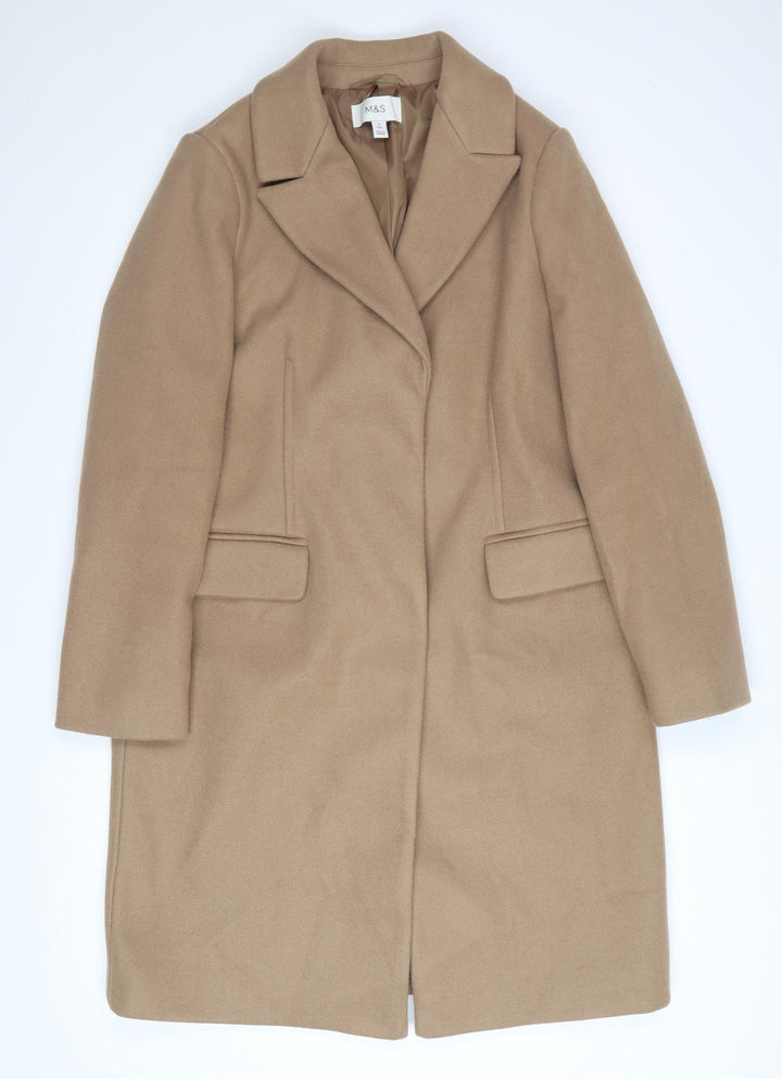 Marks and Spencer Women Beige Size 12 Regular Wool Look Overcoat