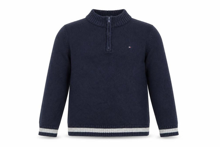 Front view of Tommy Hilfiger boys’ blue 12-14 years cotton 1/4 zip high neck jumper