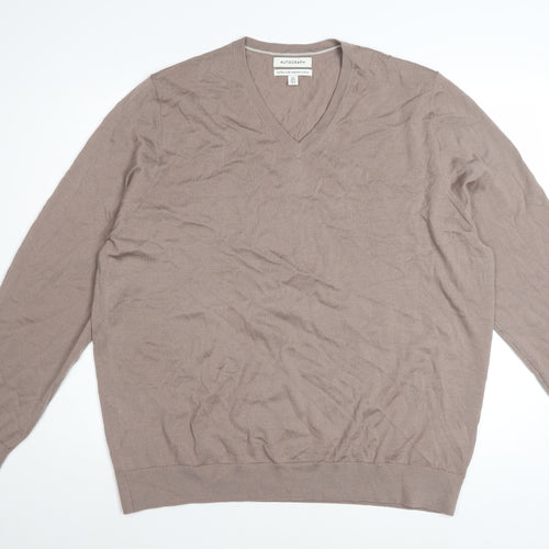 Marks and Spencer Men’s Beige 2XL V-Neck Merino Wool Jumper