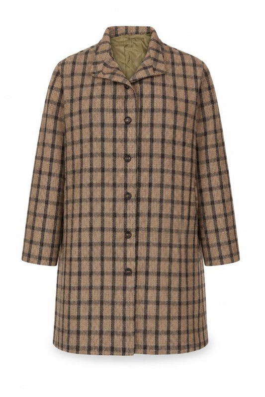 Front view of Alice Collins Women's Beige Check Mid-Length Overcoat, size 18