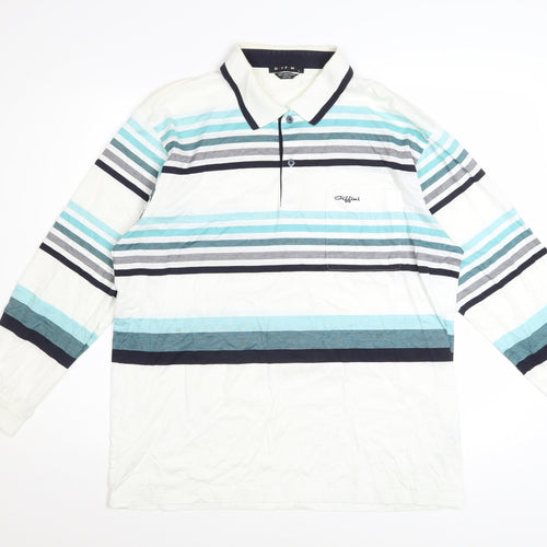 Giffini Men’s White Striped Long Sleeve Cotton Polo Shirt Size L