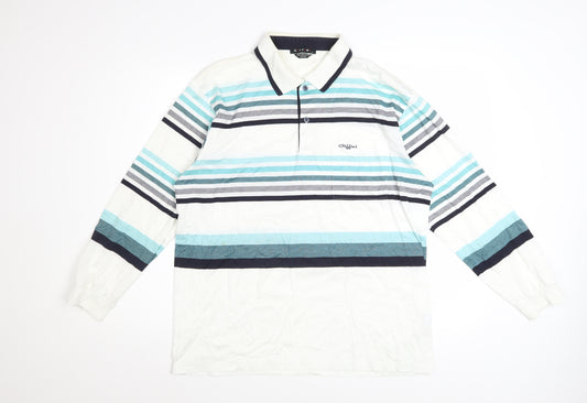 Giffini Men’s White Striped Long Sleeve Cotton Polo Shirt Size L