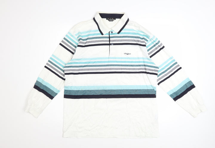 Giffini Men’s White Striped Long Sleeve Cotton Polo Shirt Size L