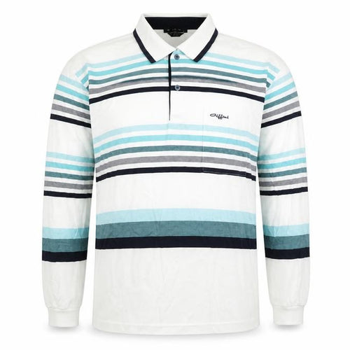 Giffini Men’s White Striped Long Sleeve Cotton Polo Shirt Size L