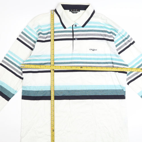 Giffini Men’s White Striped Long Sleeve Cotton Polo Shirt Size L