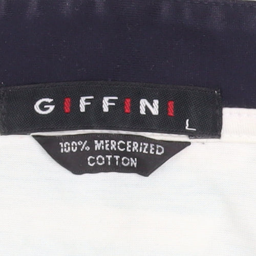 Giffini Men’s White Striped Long Sleeve Cotton Polo Shirt Size L