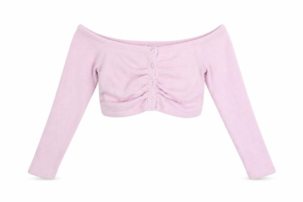 Front view of Zara women’s pink cropped off shoulder knit blouse, size S
