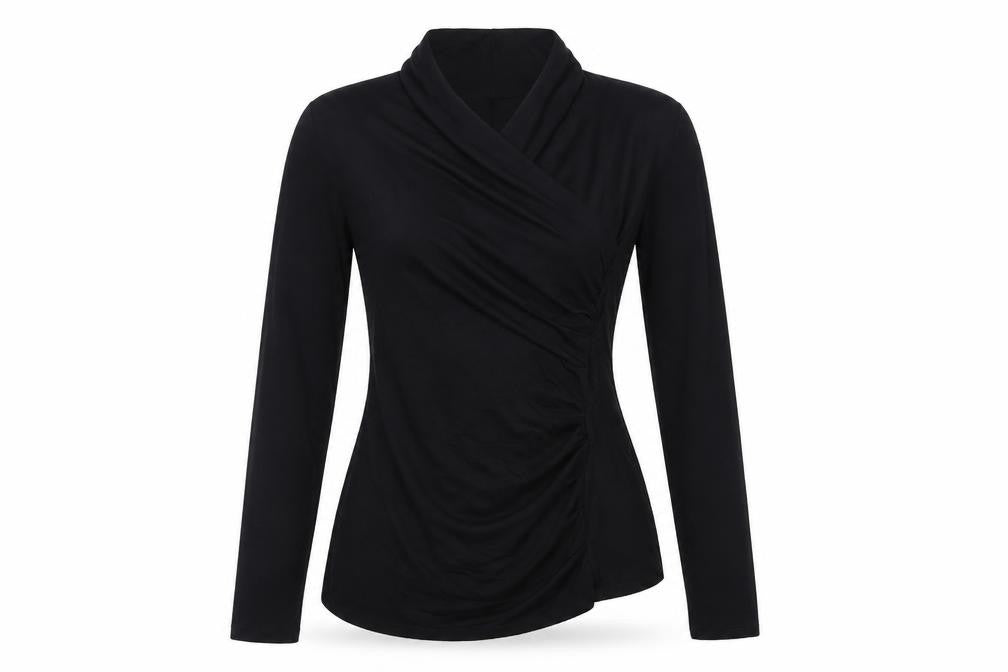 Front view of Peruvian Connection Women’s Black Wrap Jersey Blouse, size M