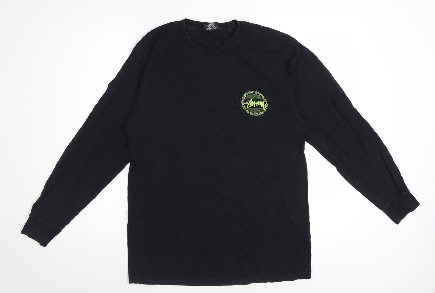 Stussy Men's Black Long Sleeve Graphic Crew Neck Cotton T-Shirt Size M