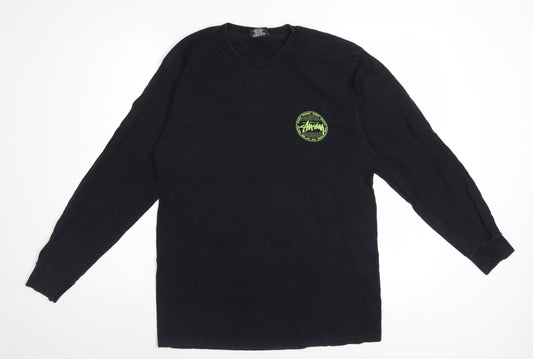 Stussy Men's Black Long Sleeve Graphic Crew Neck Cotton T-Shirt Size M